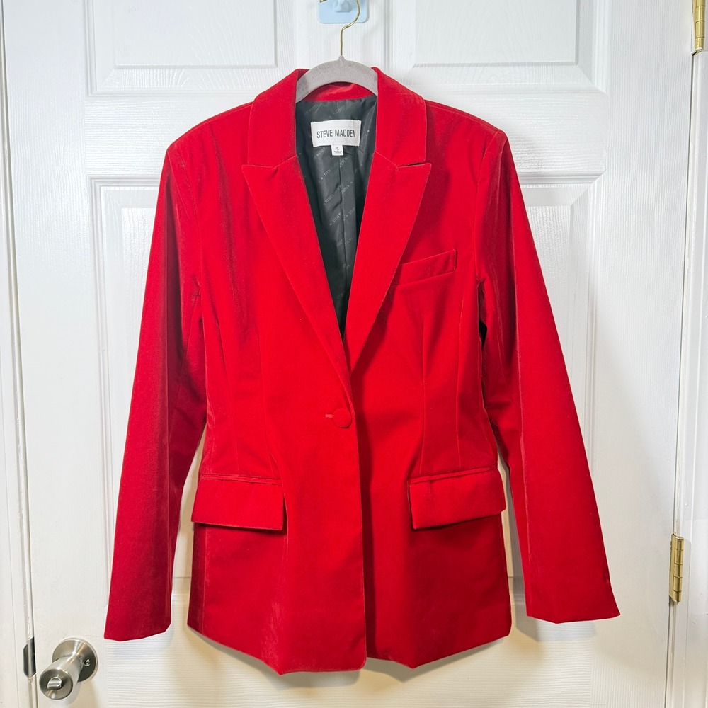 Steve Madden Velvet Blazer Women Small Red Single Button Holiday Dark Academia